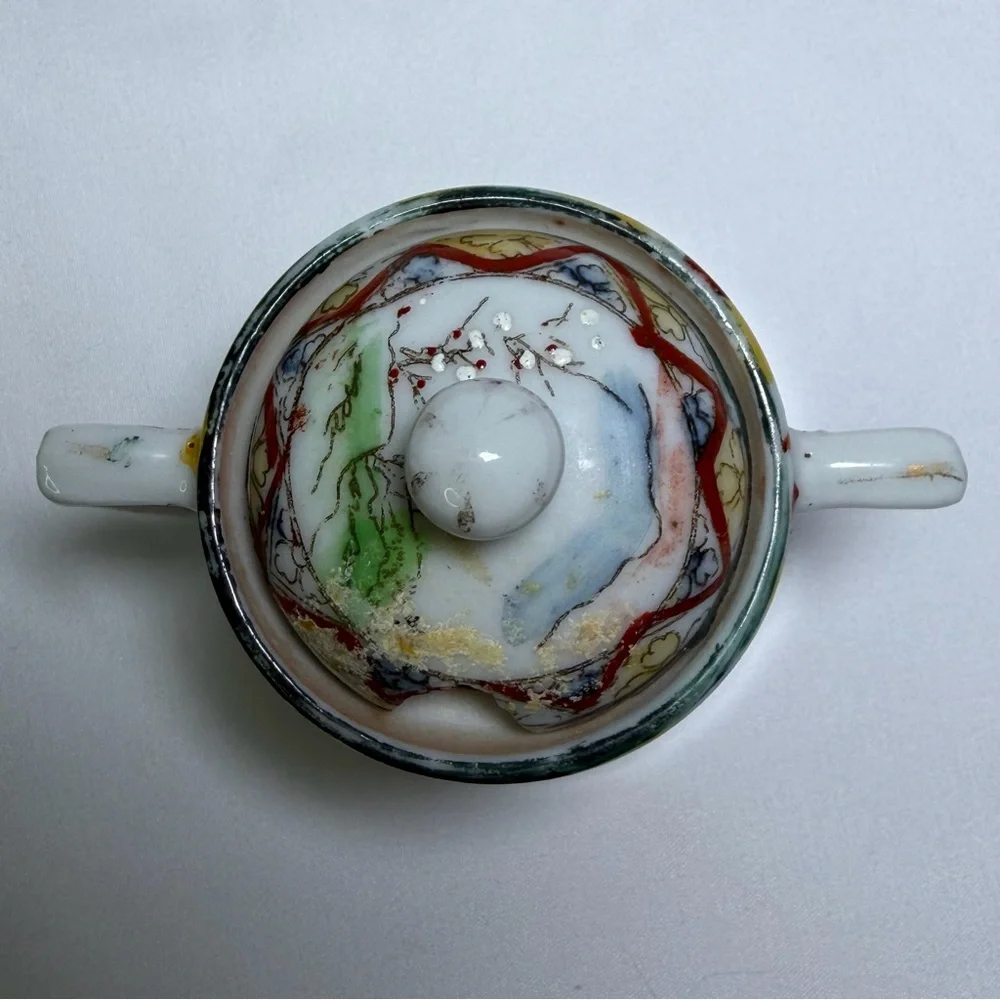 Antique Porcelain Nippon Mini Sugar Bowl Hand-Painted Japanese Scenic Geisha Art